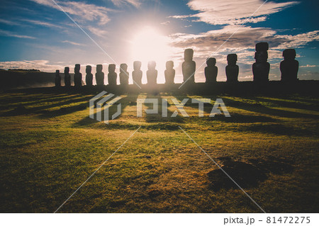 Sunrise over Moai stone sculptures at Ahu Tongariki, Easter island, Chile. Sunrise over Moai stone sculptures at Ahu Tongariki, Easter island, Chile. 81472275
