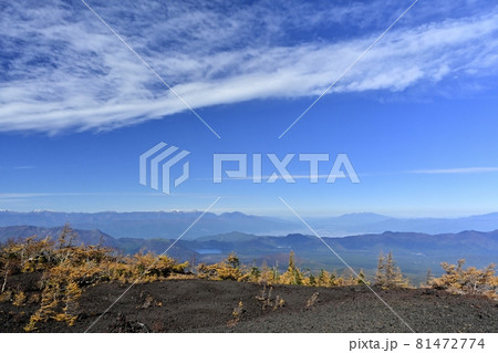 富士山五合目お中道の御庭周辺の紅葉のカラマツ林と南アルプスに青空と雲 富士山五合目お中道の御庭周辺の紅葉のカラマツ林と南アルプスに青空と雲 81472774