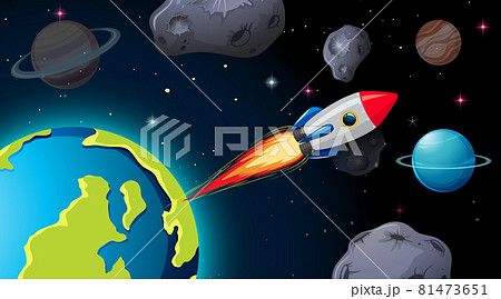 Spaceship in space scene with planets and asteroids 81473651