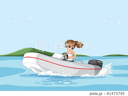 A woman driving speedboat in the river scene A woman driving speedboat in the river scene 81473795
