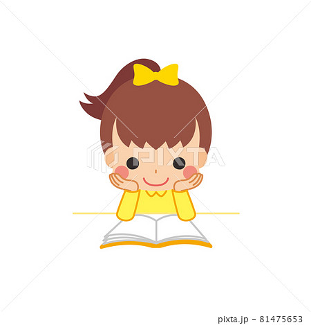 頬杖をついて本を読んでいる可愛い小さな女の子のイラスト クリップアート 白背景のイラスト素材
