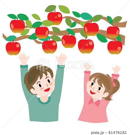 リンゴ狩りをする子供たちのイラスト素材