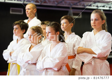Portrait of kids posing before training at karate class 81476777
