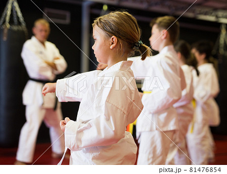 Children wearing karate uniform fighters poses in kimono, group training Children wearing karate uniform fighters poses in kimono, group training 81476854