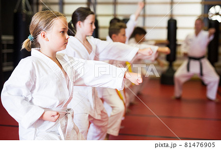 Children wearing karate uniform fighters poses in kimono, group training Children wearing karate uniform fighters poses in kimono, group training 81476905