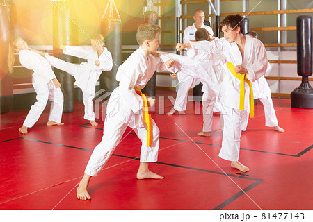 Kids working in pair, mastering kicks in karate class 81477143