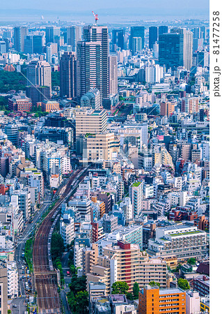 日本の東京都市景観 恵比寿ガーデンプレイスタワーや恵比寿駅、電車などを望む 81477258