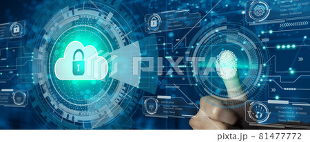 Businessman use finger scan on Cloud with Padlock icon on network connection. Digital technology background. Cloud computing, Cloud security, Cloud Technology, and Network security concept. 81477772