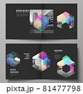 Vector layout of two covers templates with colorful hexagons, geometric shapes, tech background for square design bifold brochure, flyer, magazine, cover design, book design, brochure cover. 81477798