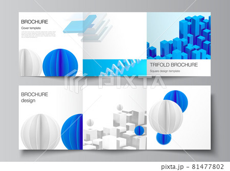 Vector layout of square covers design templates for trifold brochure, flyer, magazine, cover design, book design. 3d render vector composition with dynamic realistic geometric blue shapes in motion. Vector layout of square covers design templates for trifold brochure, flyer, magazine, cover design, book design. 3d render vector composition with dynamic realistic geometric blue shapes in motion. 81477802
