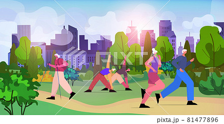 senior people group doing physical exercises in urban park aged men women training outdoor workout active old age senior people group doing physical exercises in urban park aged men women training outdoor workout active old age 81477896