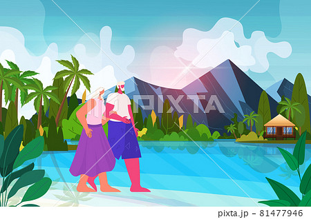 senior man woman walking on tropical beach aged couple having summer vacation active old age concept 81477946