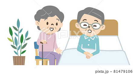 ベッドに横たわるシニア男性と妻のイラスト素材