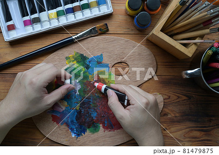 Above view male Artist mixing color on palette at creative workspace. Above view male Artist mixing color on palette at creative workspace. 81479875