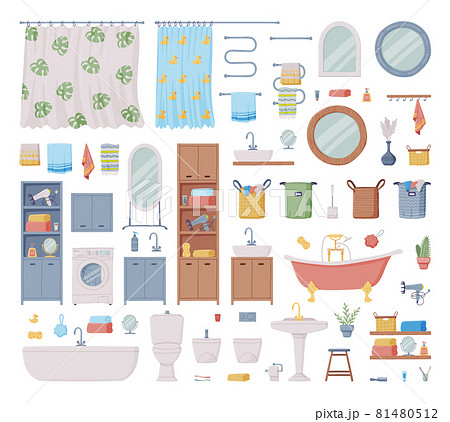 Bathroom or Washroom with Bathtub, Wash Basin and Mirror with Objects for Personal Hygiene Vector Set Bathroom or Washroom with Bathtub, Wash Basin and Mirror with Objects for Personal Hygiene Vector Set 81480512