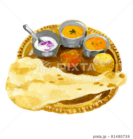 インドカレーとナンの水彩イラスト のイラスト素材