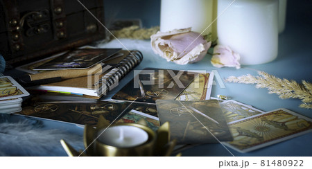 Tarot cards on the table, esoteric concept, fortune telling and predictions 81480922
