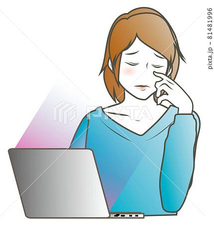 パソコンを使用した結果眼精疲労に悩む若い女性のイラスト素材 パソコンを使用した結果眼精疲労に悩む若い女性のイラスト素材