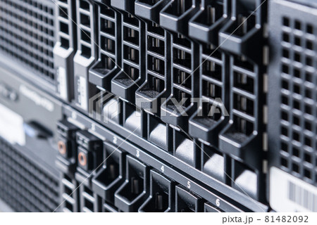 Cluster of data storage hard drives inside server room 81482092