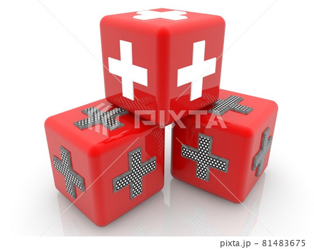 Red cubes with white and black crosses on a white background Red cubes with white and black crosses on a white background 81483675