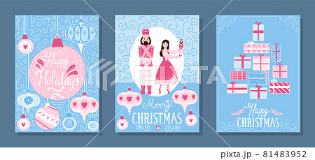 Set of christmas greeting cards with nutcracker and balerina princes with lettering and xmas toys in childish style Set of christmas greeting cards with nutcracker and balerina princes with lettering and xmas toys in childish style 81483952