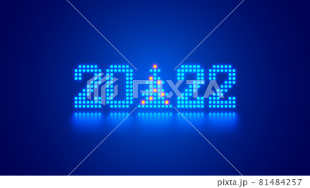 New Year digits 2022 and Christmas tree in tech style. 20 22 consist of 8 bit neon dots or pixels on blue background. 2022 New Year card of digital technology industry. Xmas holiday computer banner. 81484257