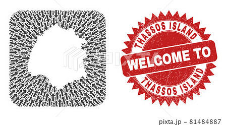 Welcome Grunge Stamp Seal and Thassos Island Map Motion Inverted Mosaic 81484887