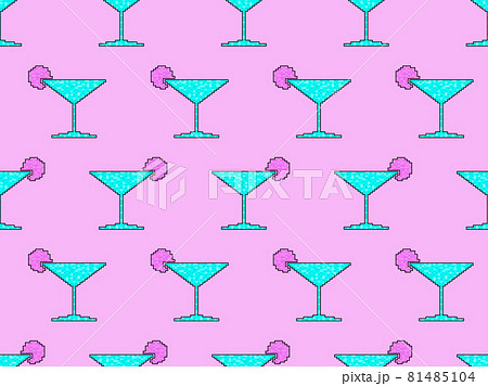 Cocktail glass seamless pattern. Martini glass pixel art. 8 bit graphic in the style of video games from the 90s. Design for printing, wrapping and advertising. Vector illustration Cocktail glass seamless pattern. Martini glass pixel art. 8 bit graphic in the style of video games from the 90s. Design for printing, wrapping and advertising. Vector illustration 81485104