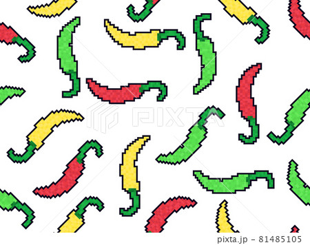 Hot chili peppers seamless pattern in style pixel art. Pixel chili pepper in 8 bit retro video game graphics style 80s - 90s. Design for wrapping paper, banners, and fabric prints. Vector illustration 81485105
