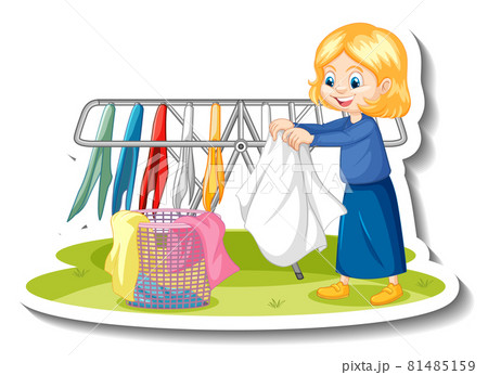 A housekeeper girl drying clothes cartoon character sticker 81485159