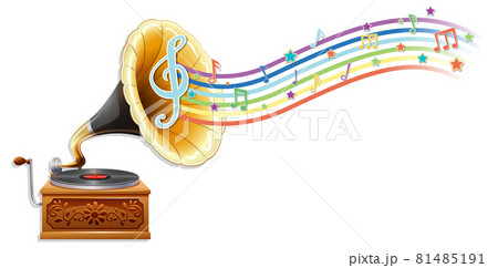 Gramophone with melody symbols on rainbow wave 81485191