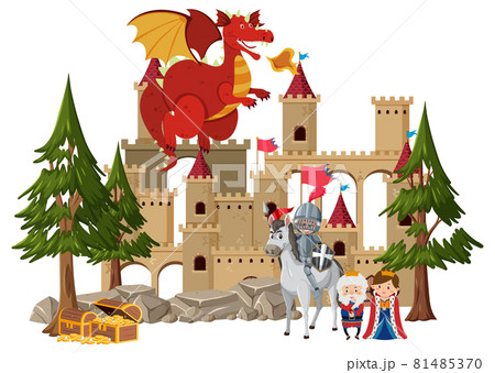 Knights fight with dragon at the castle 81485370
