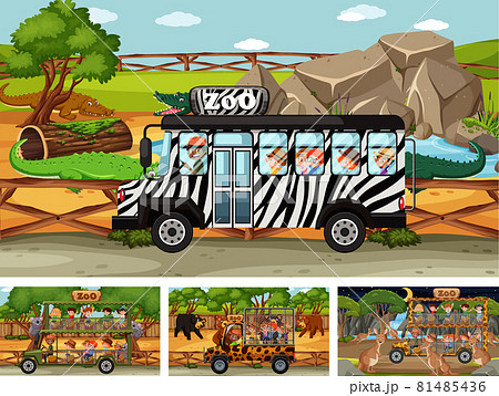 Different Safari Scenes With Animals And Kids のイラスト素材
