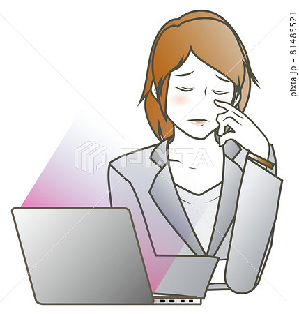 パソコンを使用した結果眼精疲労に悩む ショートヘアのスーツを着た若い女性のイラスト素材