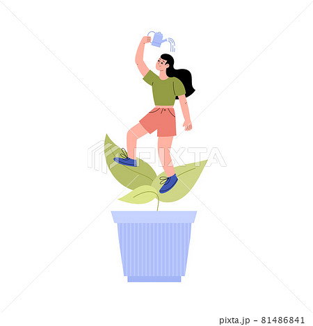 Woman watering herself in flower pot, flat vector illustration isolated. 81486841
