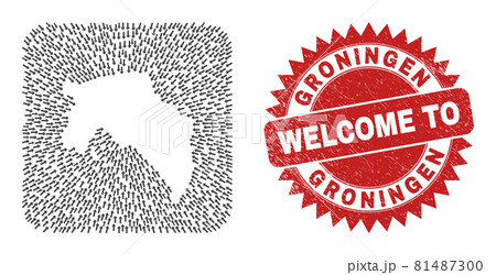 Welcome Grunge Badge and Groningen Province Map Pointing Inverted Mosaic 81487300