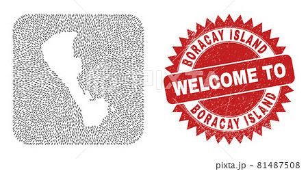 Welcome Scratched Stamp Seal and Boracay Island Map Moving Subtracted Mosaic 81487508