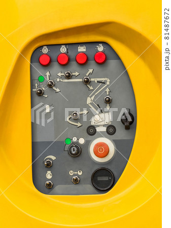 Control panel equipment for hydraulic crane or lifting, telescopic platform, close-up Control panel equipment for hydraulic crane or lifting, telescopic platform, close-up 81487672