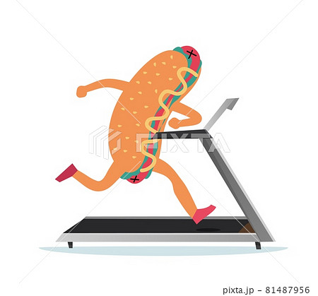 Hot dog is running. Weight loss concept. Cartoon food mascot exercising on treadmill. Fat meal training in gym for slimming. Workout cute character. Vector healthy sport activities Hot dog is running. Weight loss concept. Cartoon food mascot exercising on treadmill. Fat meal training in gym for slimming. Workout cute character. Vector healthy sport activities 81487956