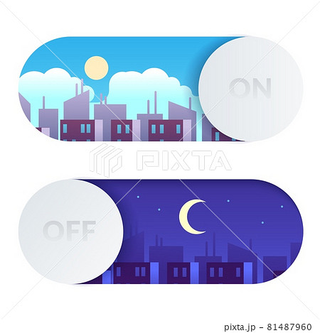 Day and night switch. Control screen lighting. Turn on or off buttons with cartoon daytime and nighttime cityscape. Morning or evening time display toggles template. Vector concept Day and night switch. Control screen lighting. Turn on or off buttons with cartoon daytime and nighttime cityscape. Morning or evening time display toggles template. Vector concept 81487960