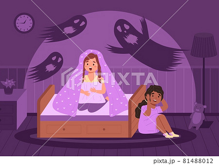 Children nightmares. Scared girls in dark room. Ghosts flying around bed with kids. Spooky shadows on walls. Babies afraid of poltergeists at night. Vector phobias and horrors concept 81488012