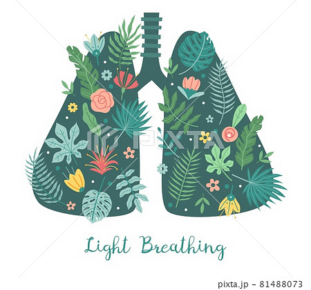 Lungs care. Light breathing concept. Cartoon body respiratory organ with green plant leaves and flowers. Healthy respiration. Fresh air. Vector clean environment and nature protection 81488073