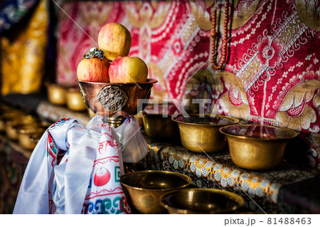 Buddhist offerings. Thiksey monastery. Ladakh, India Buddhist offerings. Thiksey monastery. Ladakh, India 81488463
