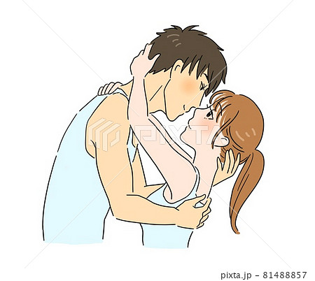 下着で抱き合ってキスをしようとする男女のカップルのイラスト素材