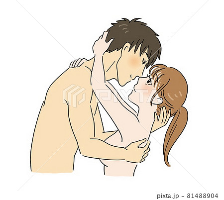 裸で抱き合ってキスをしようとする男女のカップルのイラスト素材