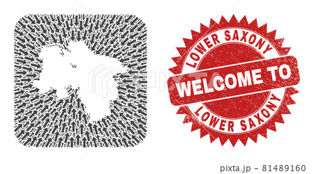 Welcome Grunge Stamp and Lower Saxony Land Map Direction Inverted Mosaic 81489160