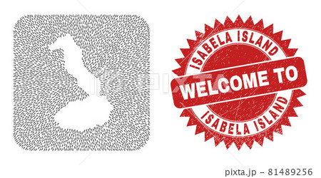 Welcome Watermark Badge and Isabela Island of Galapagos Map Arrow Hole Mosaic 81489256