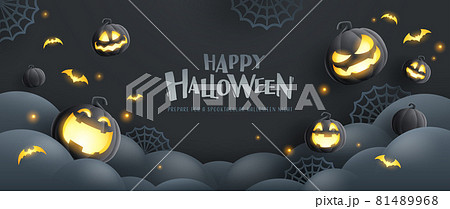 Happy Halloween. Group of 3D illustration black dark glowing pumpkin on treat or trick fun party celebration background design. 81489968
