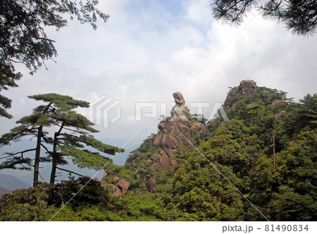 Sanqingshan Mountain in Jiangxi Province, China. View of Goddess Peak, a rocky outcrop on Mount Sanqing representing a woman looking to the distance. Sanqingshan is a Taoist mountain with lush forests 81490834