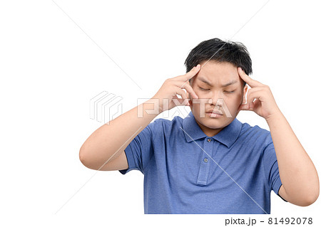 Obese boy feel strain or headache isolated on white background, Obese boy feel strain or headache isolated on white background, 81492078